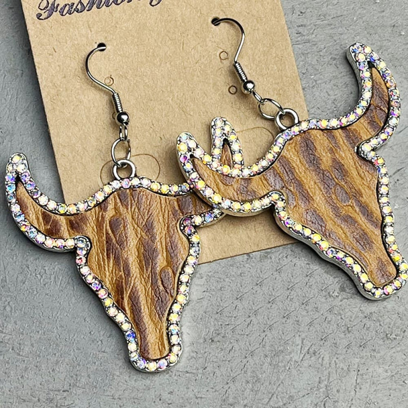 RHINESTONE TRIM BULL EARRINGS